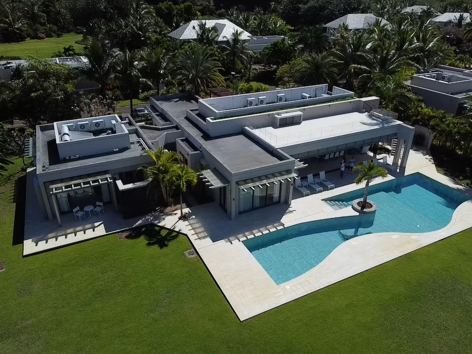 Aerial view of Villa Elysium, its swimming pool and garden at Anahita