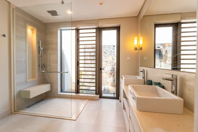 Villa Elysium — Bathroom with shower and twin basins